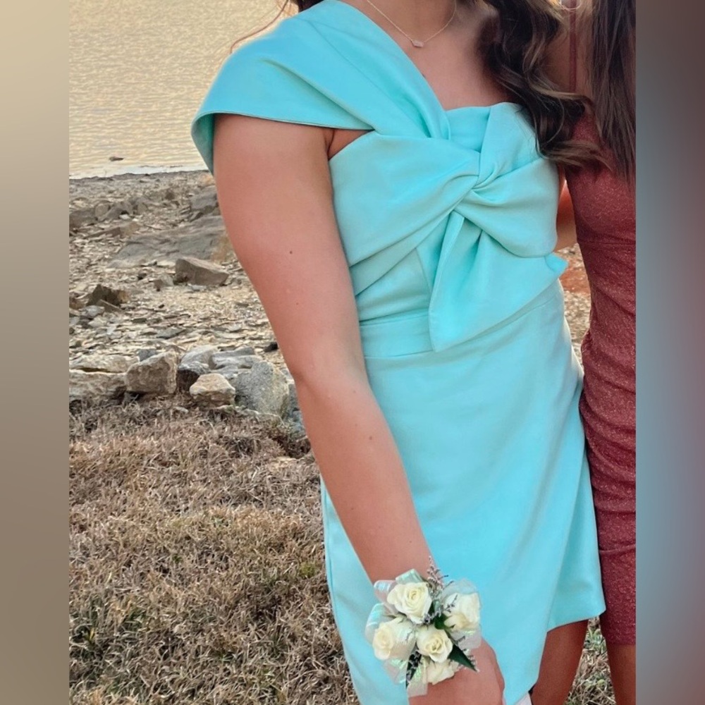 Aqua One-Shoulder Twist-Front Mini Dress